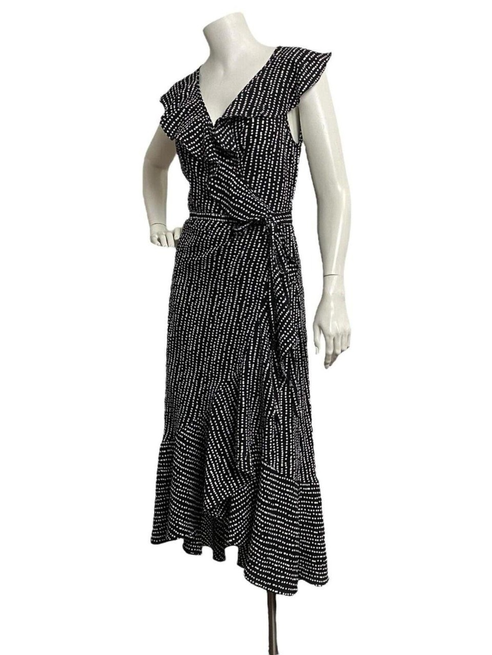 Black & White Polka Dot Patterned Ruffle Wrap Midi Dress from Max Studio S